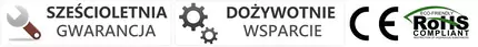 Gwarancja 6 lat, dożywotnia pomoc techniczna, ikony CE i RoHS