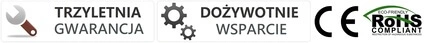 Gwarancja 3 lata, dożywotnia pomoc techniczna, ikony CE i RoHS